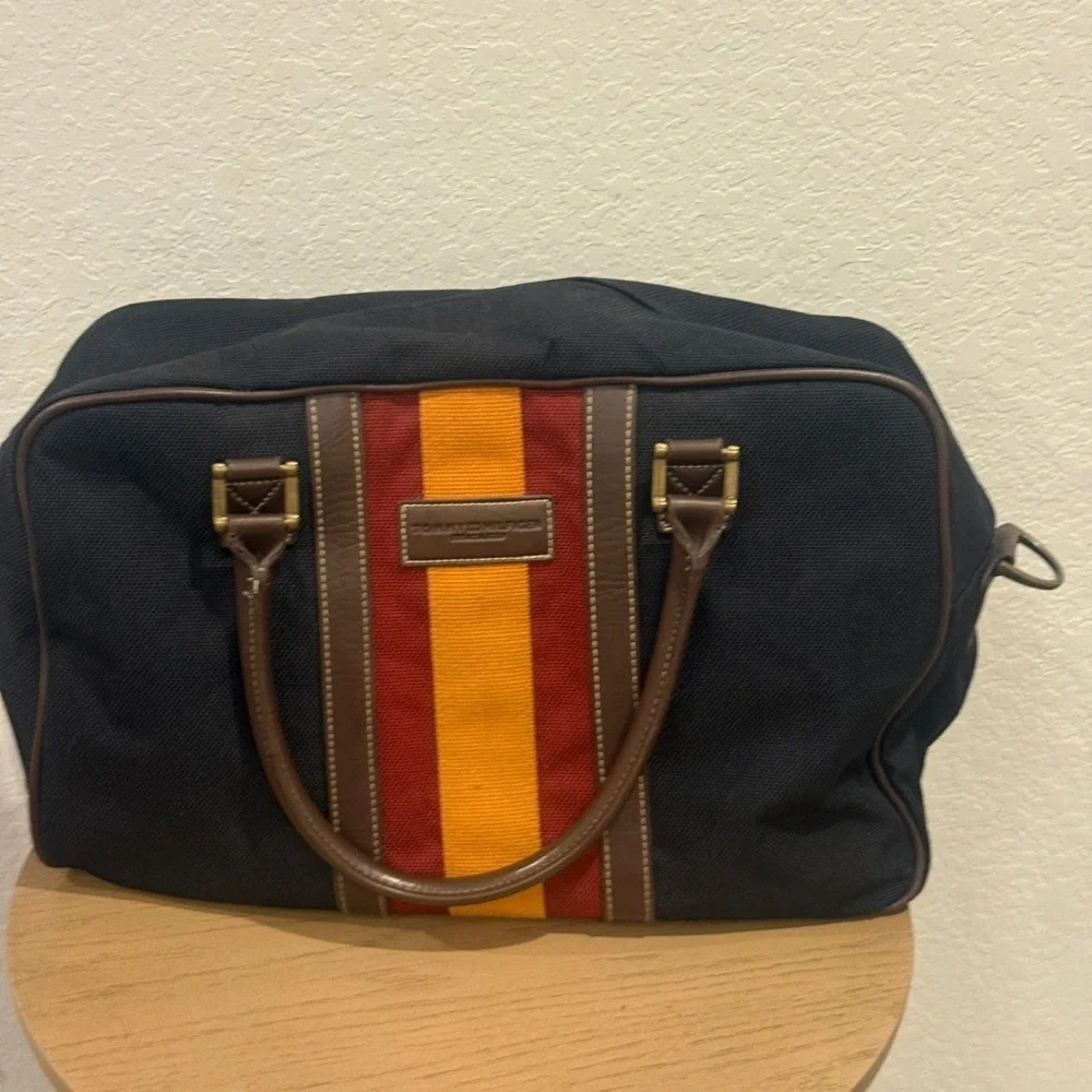 Tommy Hilfiger Vinatge Navy Blue Duffel Bag with Red and Yellow Stripes